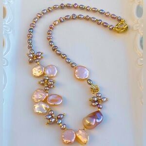 N47-Handmade High Quality Pink Petal Pearls,Flameball & Purple Pearl Necklace